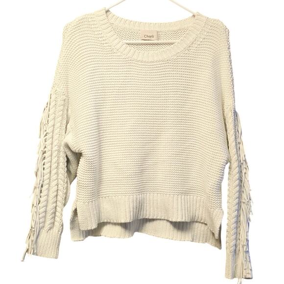 Charli white fringe sleeve knit sweater size Large - Picture 1 of 7
